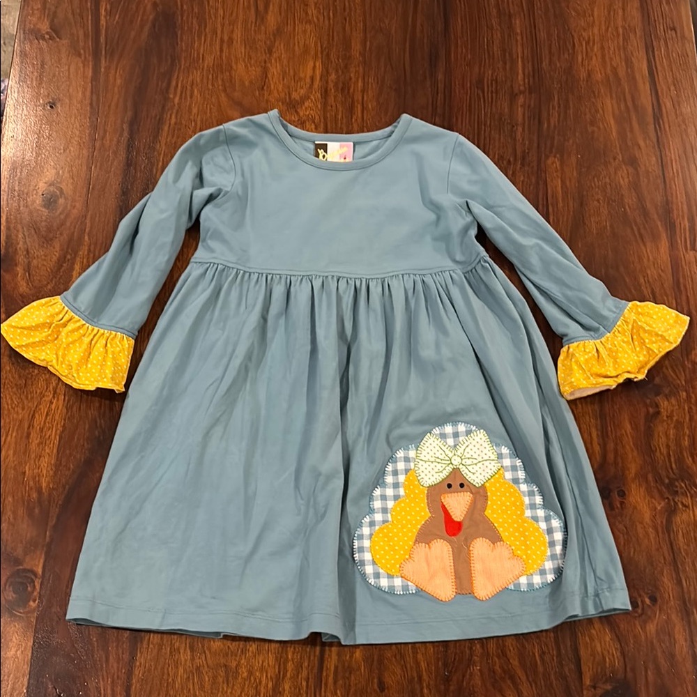 Banana Split Girls 3T Blue Dress with Yellow Accents and Turkey Appliqué